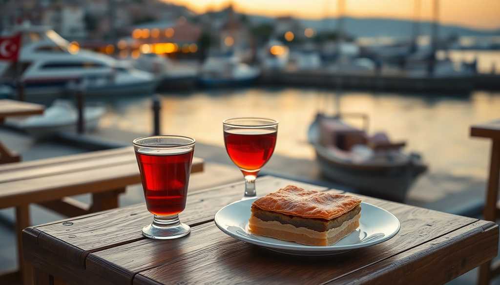 Herbata turecka w szklance tulipanku i baklava w nadmorskiej kawiarni