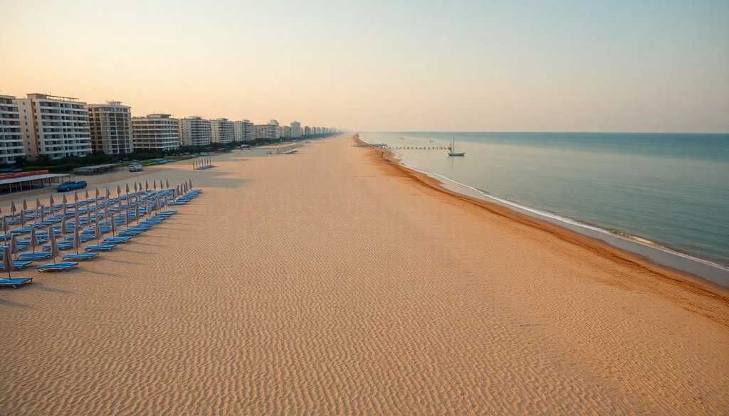 Plaża w Słonecznym Brzegu z rzędami parasoli i hotelami w tle