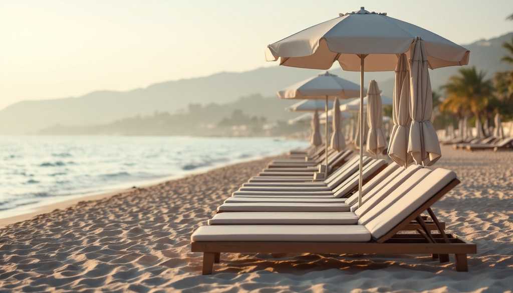 Rząd pustych leżaków ze złożonymi parasolami na spokojnej plaży o poranku