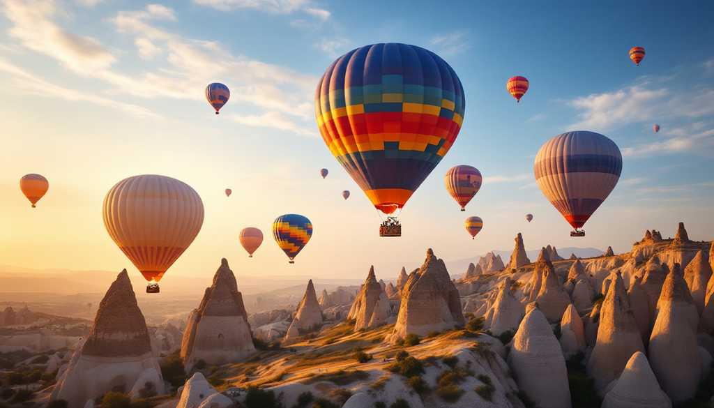 Kolorowe balony nad skalnymi kominami Kapadocji o wschodzie słońca