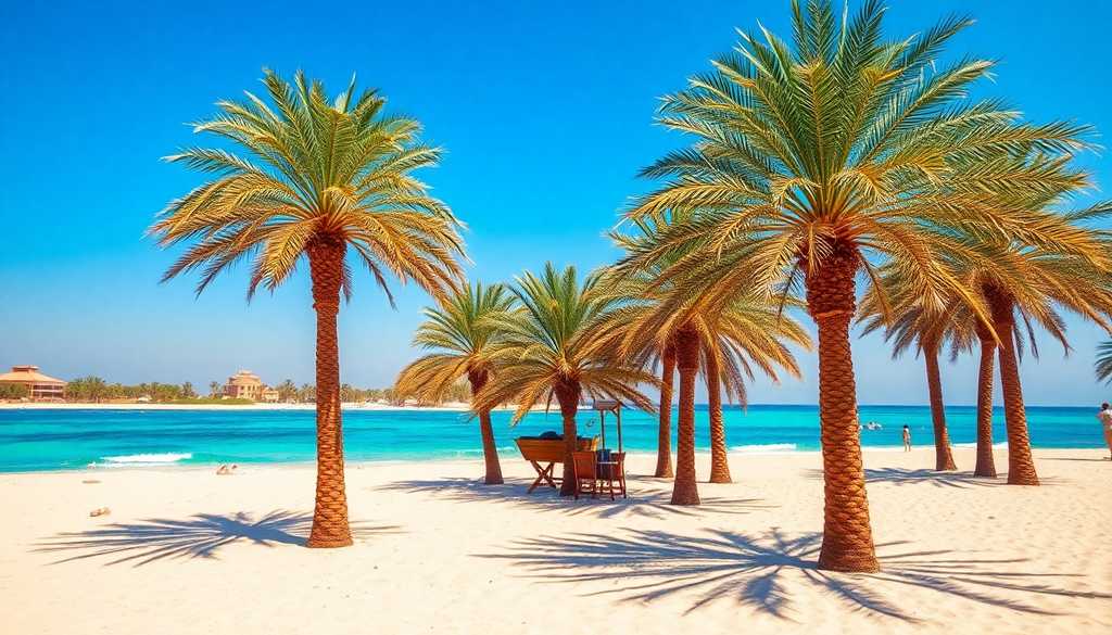 Słoneczna zimowa plaża w Egipcie z palmami i turkusowym Morzem Czerwonym