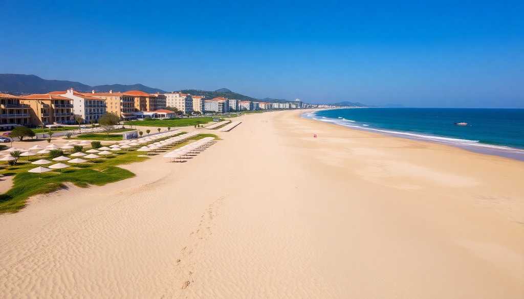 Szeroka piaszczysta plaża w bułgarskim kurorcie nad Morzem Czarnym