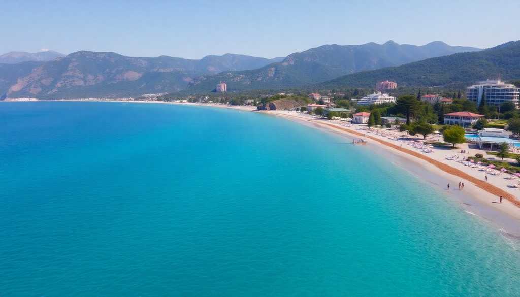 Plaża na Riwierze Tureckiej z hotelem i górami w tle