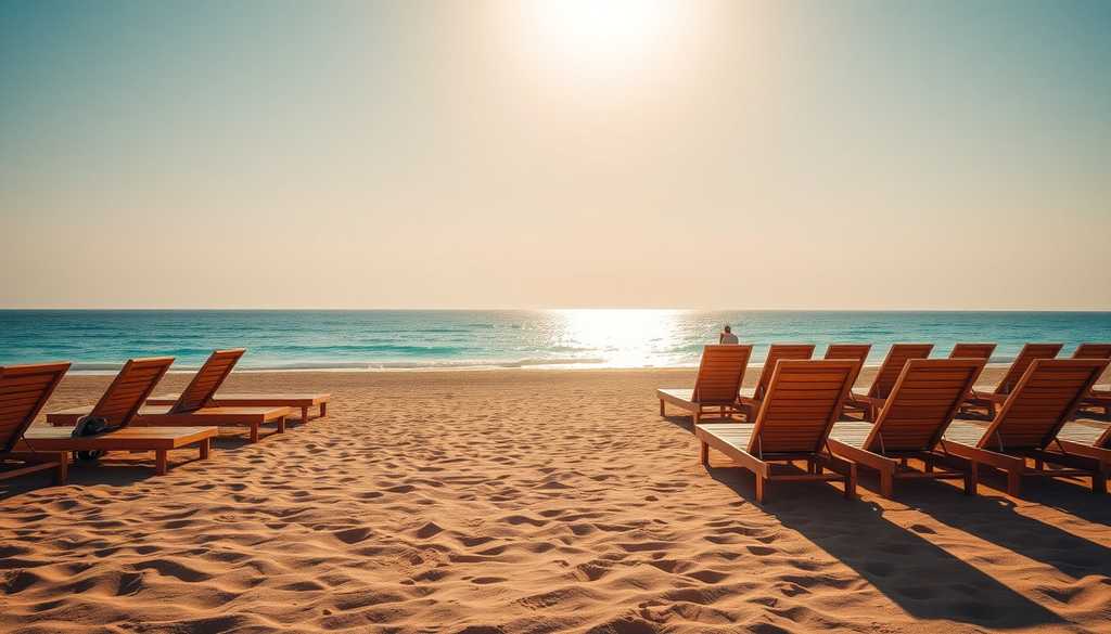 Plaża nad Morzem Czerwonym w zimowym słońcu z leżakami i spokojnym morzem