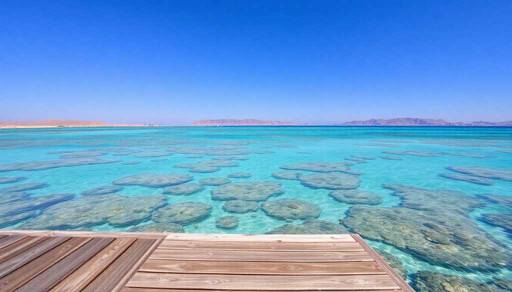 Rafa koralowa przy drewnianym pomoście nad Morzem Czerwonym w Marsa Alam