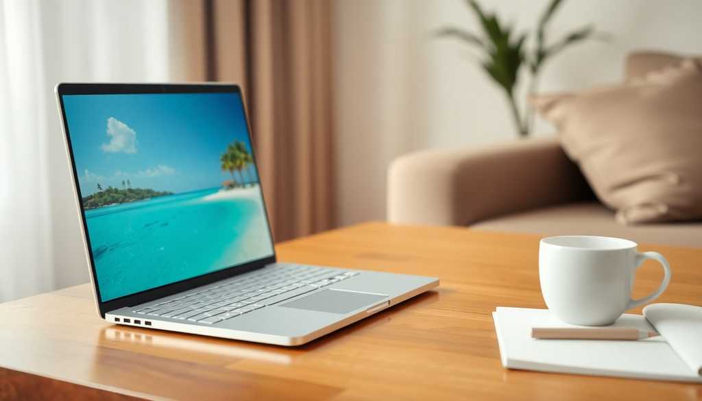 Planowanie wakacji na laptopie z plażowym kierunkiem na ekranie, kawą i notesem