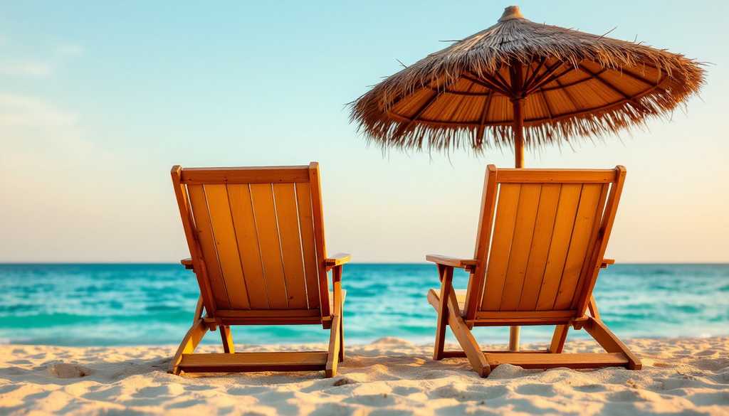 Dwa drewniane leżaki pod słomianym parasolem na spokojnej plaży o zachodzie słońca