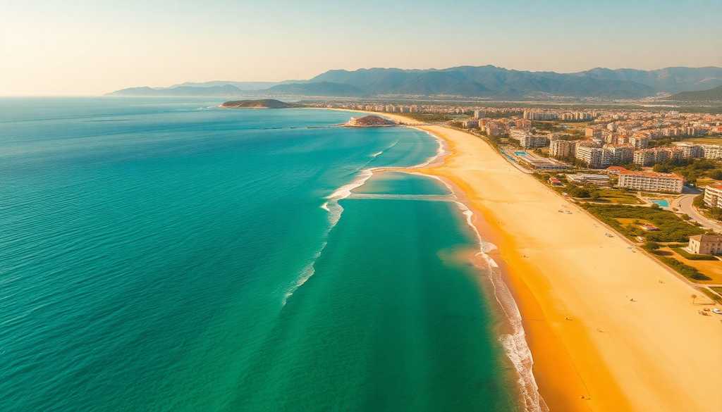 Plaża Kleopatry w Alanyi z półwyspem zamkowym i Górami Taurus w tle