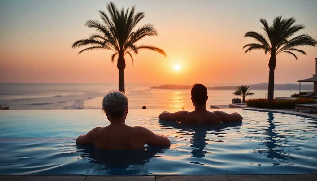 Para odpoczywająca przy hotelowym basenie infinity nad Morzem Czerwonym o zachodzie słońca