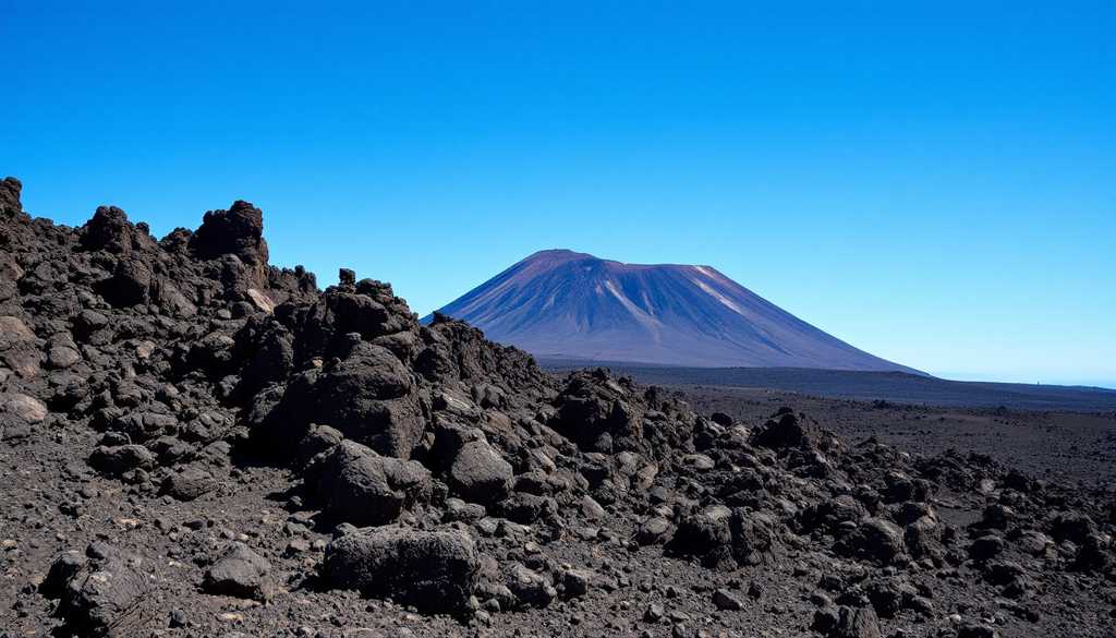 Wulkaniczny księżycowy krajobraz Parku Narodowego Teide ze szczytem wulkanu w tle