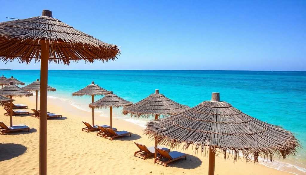 Plaża egipskiego kurortu nad Morzem Czerwonym z parasolami i turkusową wodą