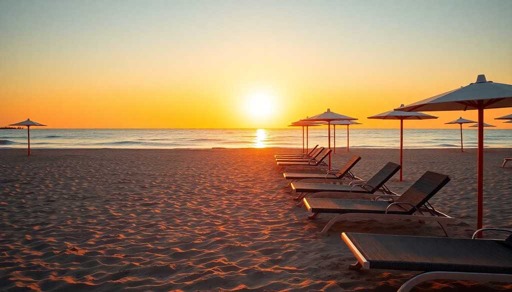 Kurort plażowy o zachodzie słońca z pustymi leżakami