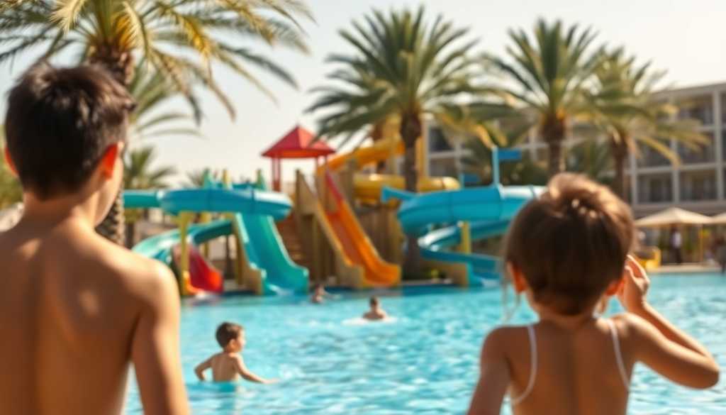 Rodzinny basen z aquaparkiem i zjeżdżalniami w hotelu w Egipcie