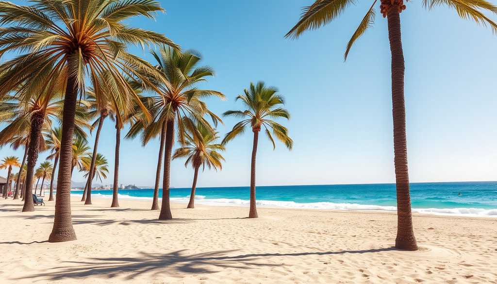 Plaża z jasnym piaskiem i palmami na południu Teneryfy w zimowym słońcu