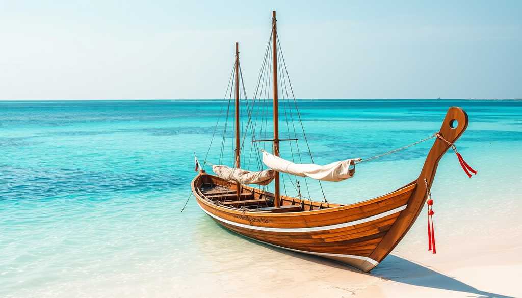 Drewniana łódź dhow na płytkiej turkusowej lagunie przy białej plaży