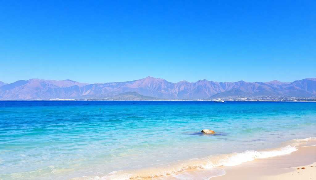 Plaża w Antalyi na Riwierze Tureckiej z turkusowym morzem i górami Taurus
