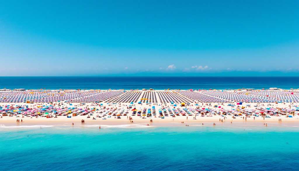 Szeroka plaża w szczycie sezonu z rzędami kolorowych parasoli widzianych z daleka