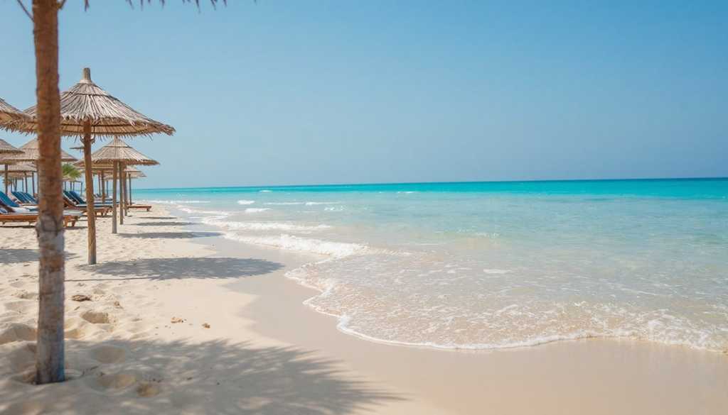Szeroka piaszczysta plaża z parasolami ze słomy i łagodnym wejściem do turkusowej wody
