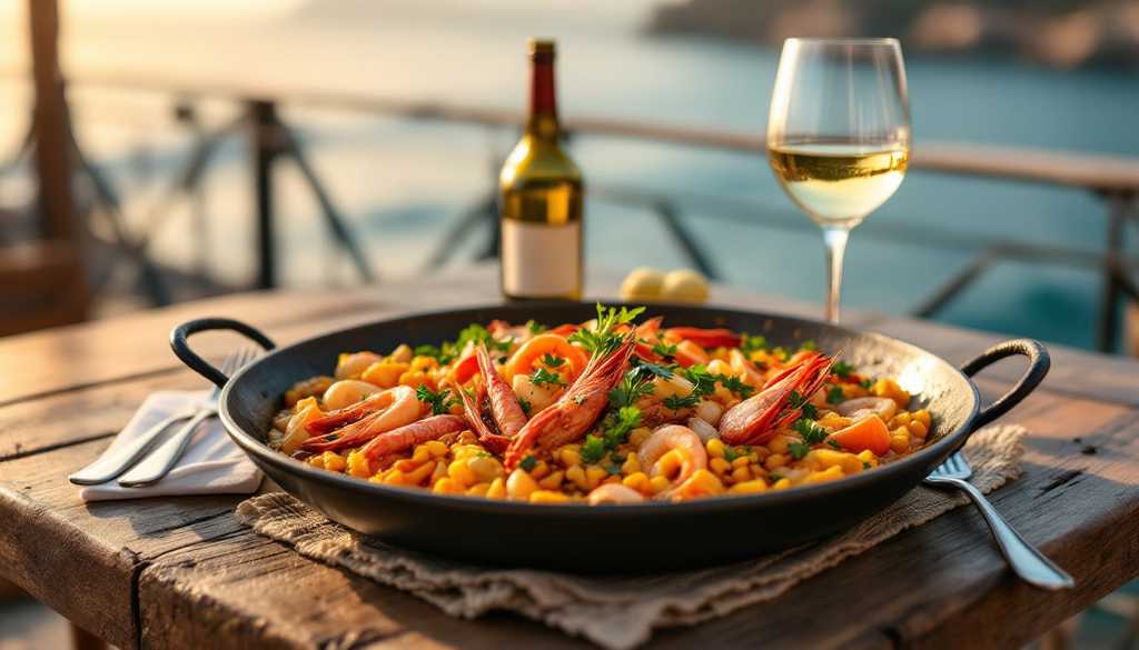 Paella z owocami morza na drewnianym stole restauracji z widokiem na ocean