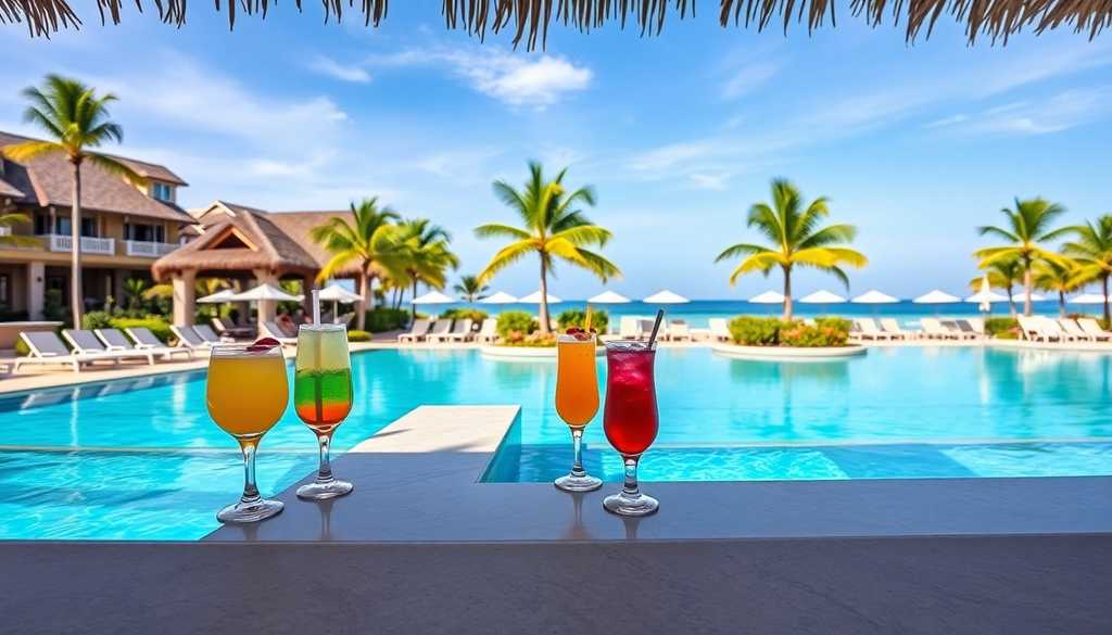 Bar przy basenie w tropikalnym hotelu all inclusive z kolorowymi koktajlami