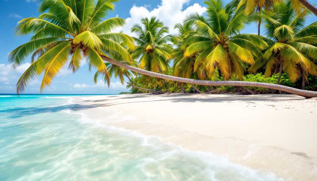 Karaibska plaża z pochylonymi palmami kokosowymi nad białym piaskiem i turkusową wodą