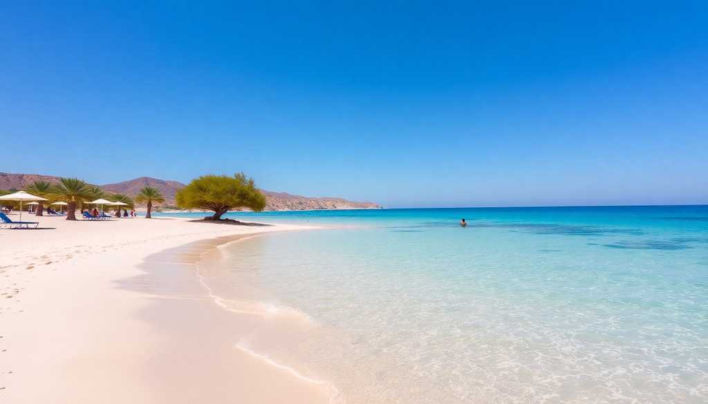Piaszczysta plaża na Krecie z turkusową wodą i leżakami