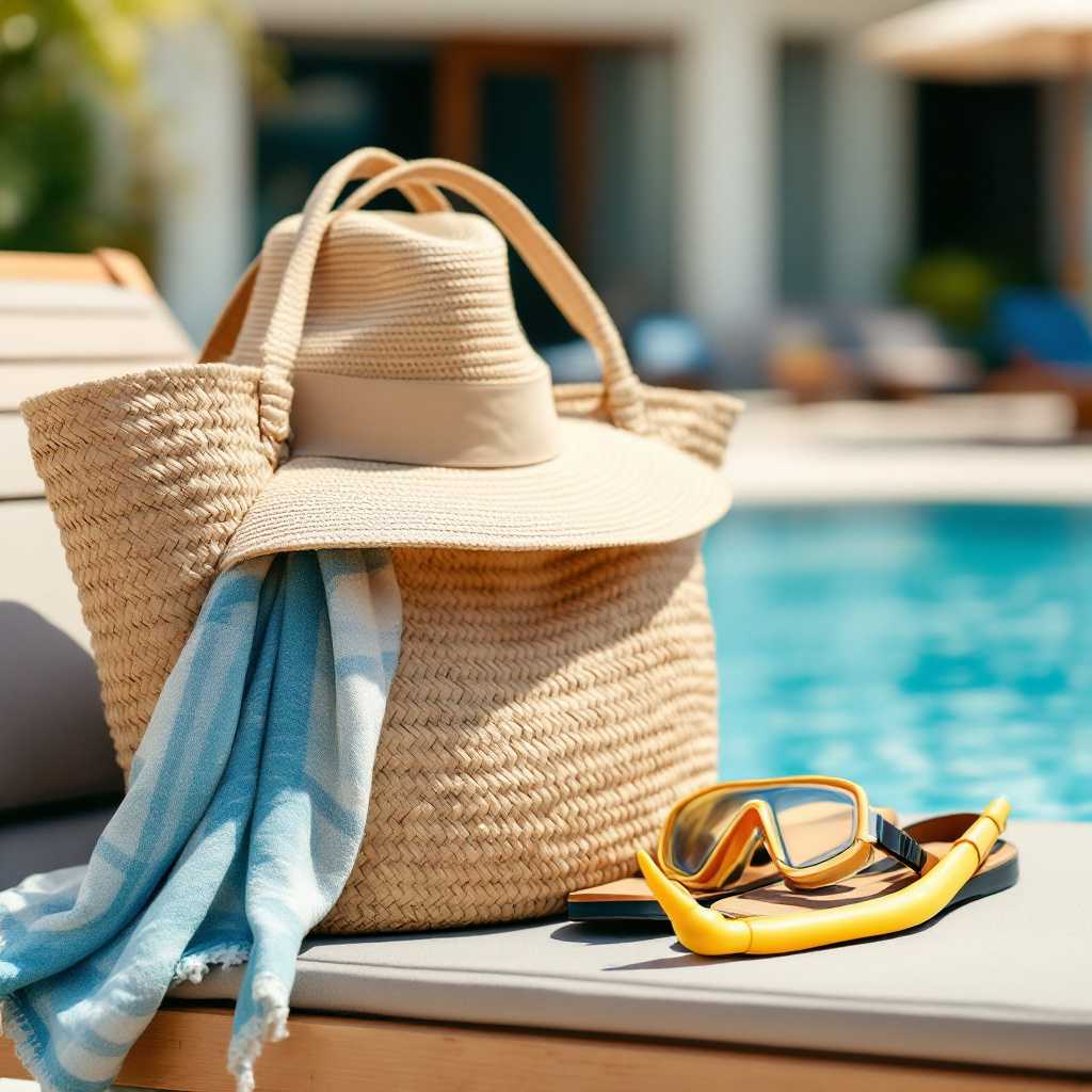 Torba plażowa z akcesoriami na leżaku przy hotelowym basenie