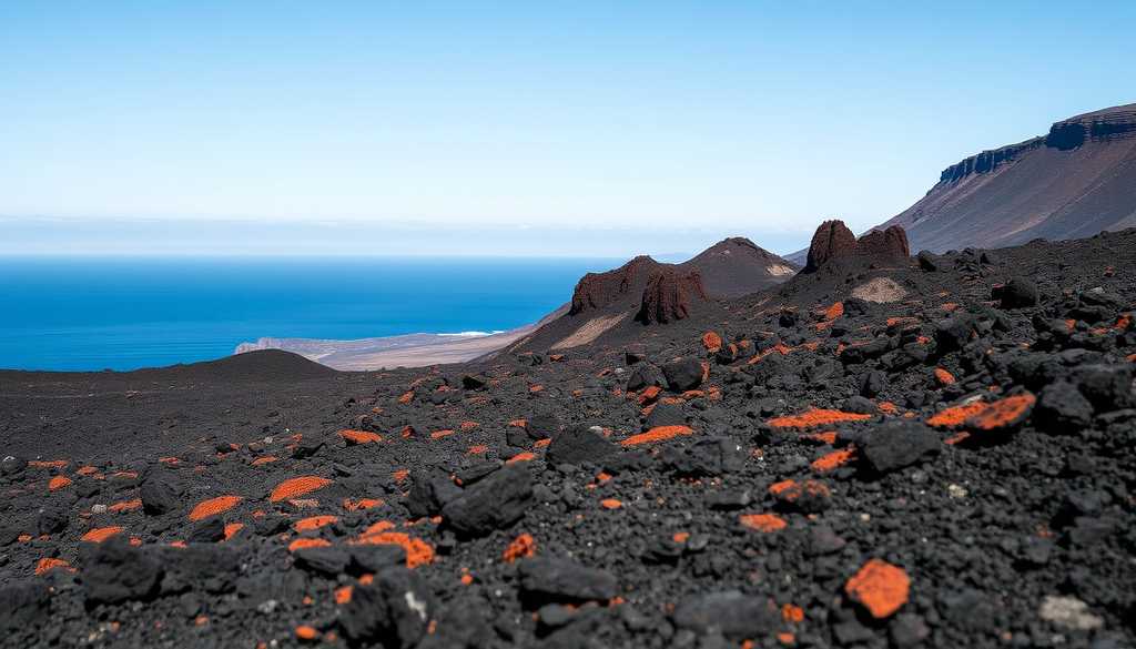 Wulkaniczny krajobraz Lanzarote z oceanem w tle