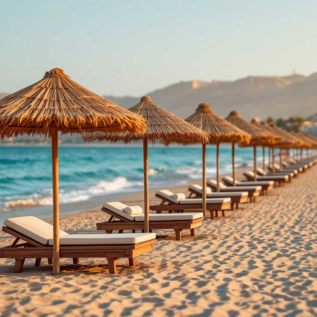 Rząd leżaków z parasolami na pustej plaży o złotej godzinie