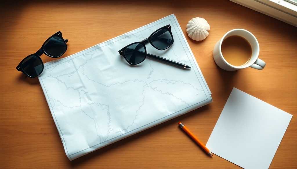 Planowanie wyjazdu do Egiptu: mapa, okulary przeciwsłoneczne i kawa na biurku